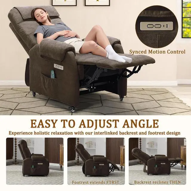 Alt view image 5 of 7 - Korser Power Recliner Chair with Wheels, Small Recliners for Small Spaces for Adults, Electric Recliner Chair with Massage & Heat, USB & Type-C Port, Fabric Recliner for Living Room, Brown