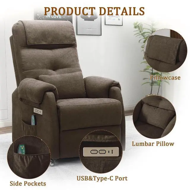 Alt view image 6 of 7 - Korser Power Recliner Chair with Wheels, Small Recliners for Small Spaces for Adults, Electric Recliner Chair with Massage & Heat, USB & Type-C Port, Fabric Recliner for Living Room, Brown