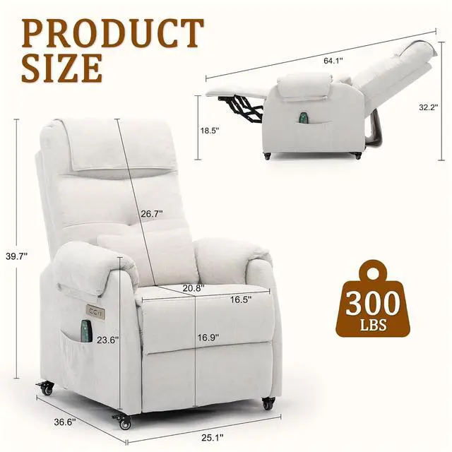 Alt view image 2 of 7 - Korser Power Recliner Chair with Wheels, Small Recliners for Small Spaces for Adults, Electric Recliner Chair with Massage & Heat, USB & Type-C Port, Fabric Recliner for Living Room, Beige