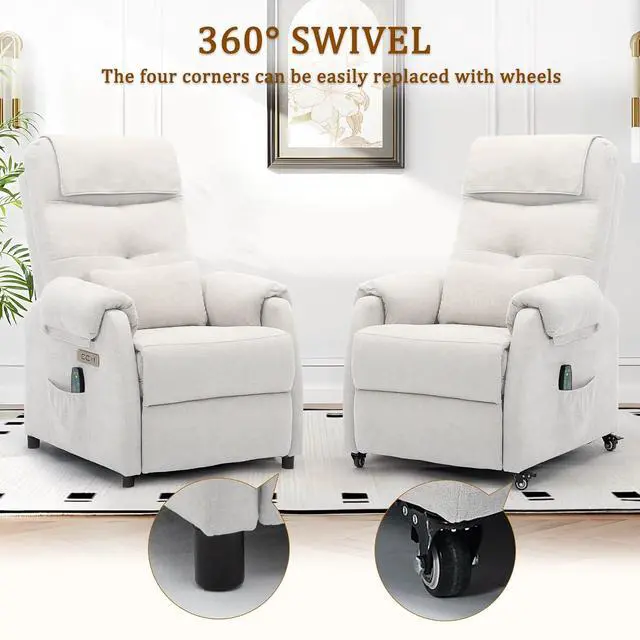 Alt view image 3 of 7 - Korser Power Recliner Chair with Wheels, Small Recliners for Small Spaces for Adults, Electric Recliner Chair with Massage & Heat, USB & Type-C Port, Fabric Recliner for Living Room, Beige