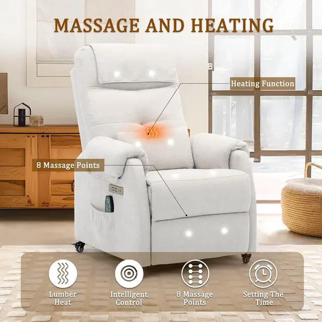 Alt view image 4 of 7 - Korser Power Recliner Chair with Wheels, Small Recliners for Small Spaces for Adults, Electric Recliner Chair with Massage & Heat, USB & Type-C Port, Fabric Recliner for Living Room, Beige