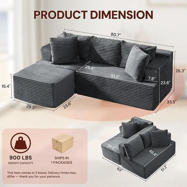 Alt view image 2 of 7 - Korser Boneless Couches for Living Room, Cloud Couch Sectional with Ottoman, L-Shaped Sofa with Fluffy Comfy Corduroy Deep Seat, Bedroom, Apartment, No Assembly Required