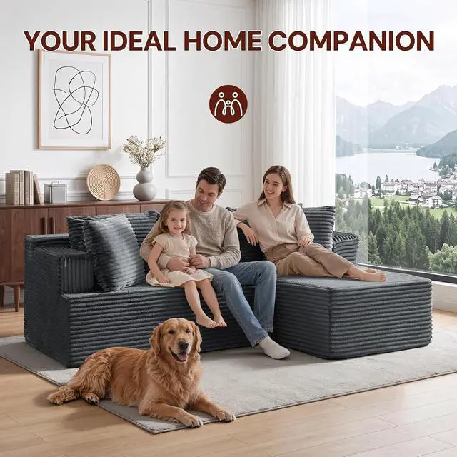 Alt view image 3 of 7 - Korser Boneless Couches for Living Room, Cloud Couch Sectional with Ottoman, L-Shaped Sofa with Fluffy Comfy Corduroy Deep Seat, Bedroom, Apartment, No Assembly Required