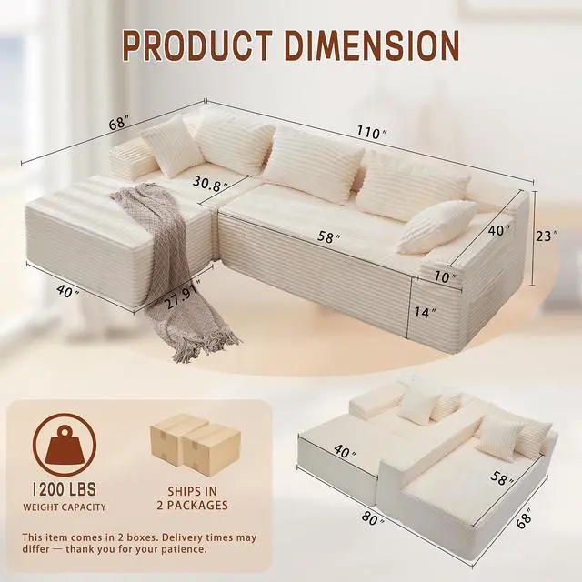 Alt view image 3 of 7 - Korser 110" L-Shaped Modular Sectional Sofa with Chaise, Boneless Comfy Corduroy Fluffy Couch with Deep Seat and Side Pockets, Flexible Module Combination for Living Room, No Assembly, Side Pockets