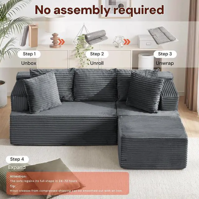 Alt view image 6 of 7 - Korser Boneless Couches for Living Room, Cloud Couch Sectional with Ottoman, L-Shaped Sofa with Fluffy Comfy Corduroy Deep Seat, Bedroom, Apartment, No Assembly Required