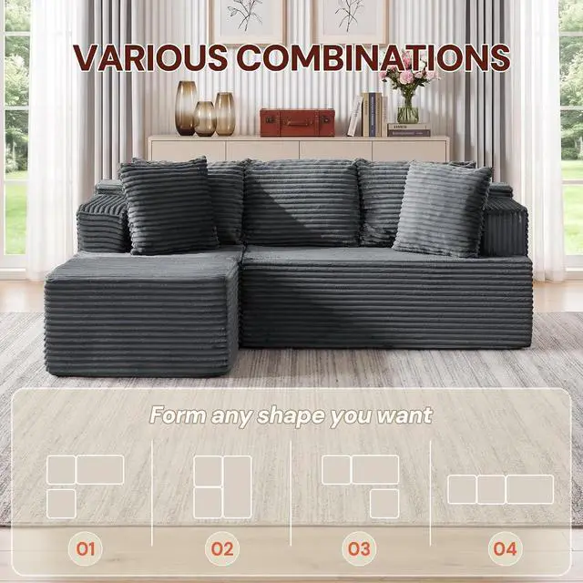 Alt view image 5 of 7 - Korser Boneless Couches for Living Room, Cloud Couch Sectional with Ottoman, L-Shaped Sofa with Fluffy Comfy Corduroy Deep Seat, Bedroom, Apartment, No Assembly Required