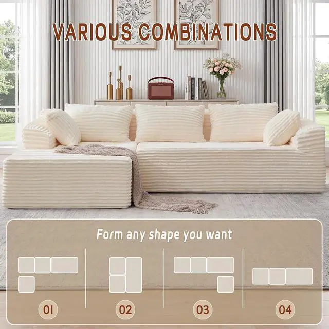 Alt view image 4 of 7 - Korser 110" L-Shaped Modular Sectional Sofa with Chaise, Boneless Comfy Corduroy Fluffy Couch with Deep Seat and Side Pockets, Flexible Module Combination for Living Room, No Assembly, Side Pockets