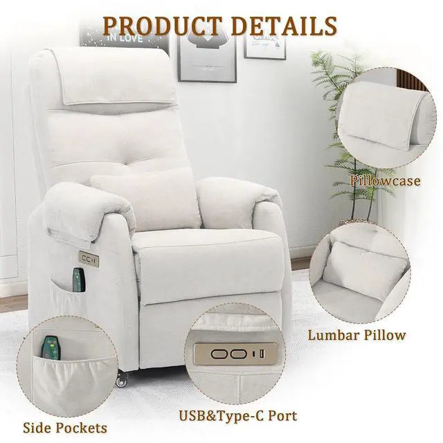 Alt view image 6 of 7 - Korser Power Recliner Chair with Wheels, Small Recliners for Small Spaces for Adults, Electric Recliner Chair with Massage & Heat, USB & Type-C Port, Fabric Recliner for Living Room, Beige