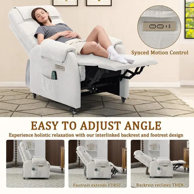 Alt view image 5 of 7 - Korser Power Recliner Chair with Wheels, Small Recliners for Small Spaces for Adults, Electric Recliner Chair with Massage & Heat, USB & Type-C Port, Fabric Recliner for Living Room, Beige