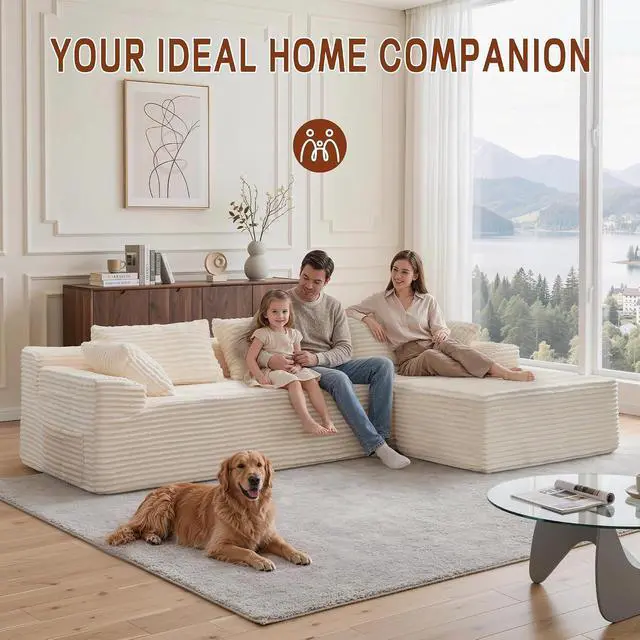 Alt view image 6 of 7 - Korser 110" L-Shaped Modular Sectional Sofa with Chaise, Boneless Comfy Corduroy Fluffy Couch with Deep Seat and Side Pockets, Flexible Module Combination for Living Room, No Assembly, Side Pockets