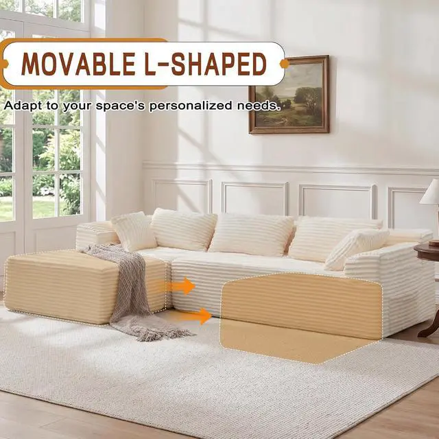 Alt view image 7 of 7 - Korser 110" L-Shaped Modular Sectional Sofa with Chaise, Boneless Comfy Corduroy Fluffy Couch with Deep Seat and Side Pockets, Flexible Module Combination for Living Room, No Assembly, Side Pockets