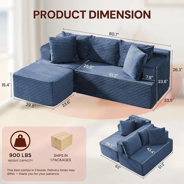 Alt view image 2 of 7 - Korser Boneless Couches for Living Room, Cloud Couch Sectional with Ottoman, L-Shaped Sofa with Fluffy Comfy Corduroy Deep Seat, Bedroom, Apartment, No Assembly Required