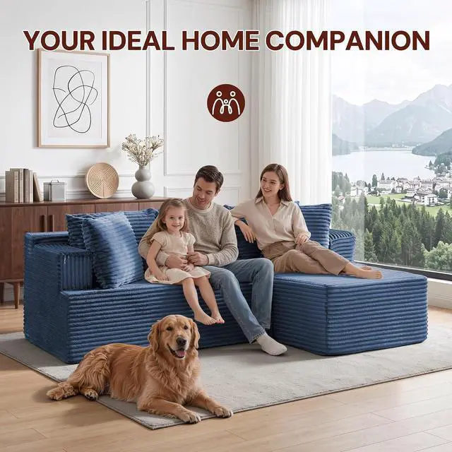 Alt view image 3 of 7 - Korser Boneless Couches for Living Room, Cloud Couch Sectional with Ottoman, L-Shaped Sofa with Fluffy Comfy Corduroy Deep Seat, Bedroom, Apartment, No Assembly Required