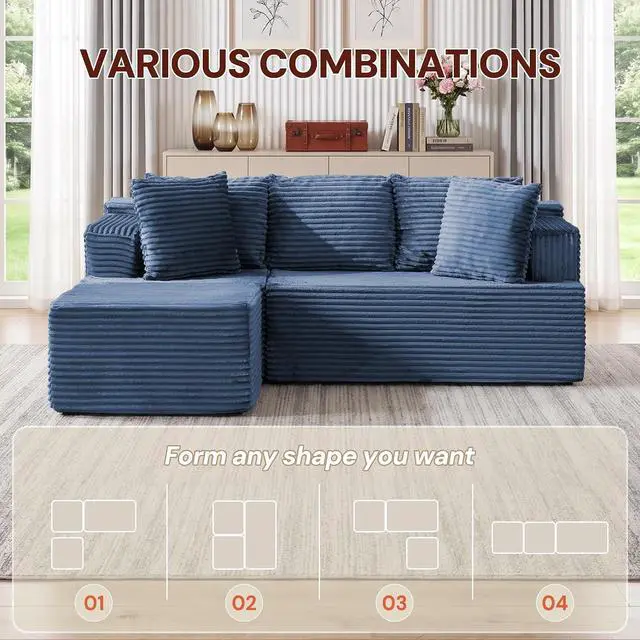 Alt view image 5 of 7 - Korser Boneless Couches for Living Room, Cloud Couch Sectional with Ottoman, L-Shaped Sofa with Fluffy Comfy Corduroy Deep Seat, Bedroom, Apartment, No Assembly Required