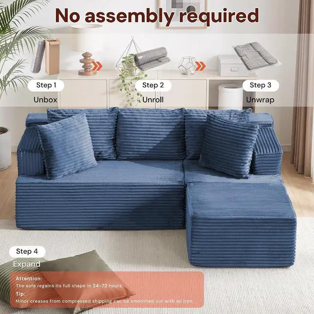 Alt view image 6 of 7 - Korser Boneless Couches for Living Room, Cloud Couch Sectional with Ottoman, L-Shaped Sofa with Fluffy Comfy Corduroy Deep Seat, Bedroom, Apartment, No Assembly Required