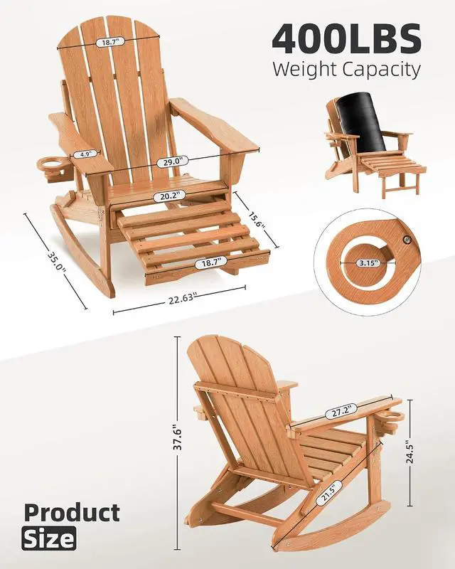 Alt view image 2 of 7 - Folding Adirondack Rocking Chair,4-in-1 Multifunctional Patio Chair with Retractable Ottoman, Outdoor Chair Wood Texture, Lawn Chair for Porch, Backyard, Pool(Teak)