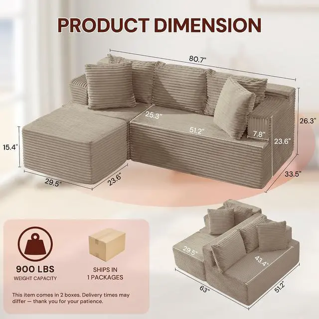Alt view image 2 of 7 - Korser Boneless Couches for Living Room, Cloud Couch Sectional with Ottoman, L-Shaped Sofa with Fluffy Comfy Corduroy Deep Seat, Bedroom, Apartment, No Assembly Required