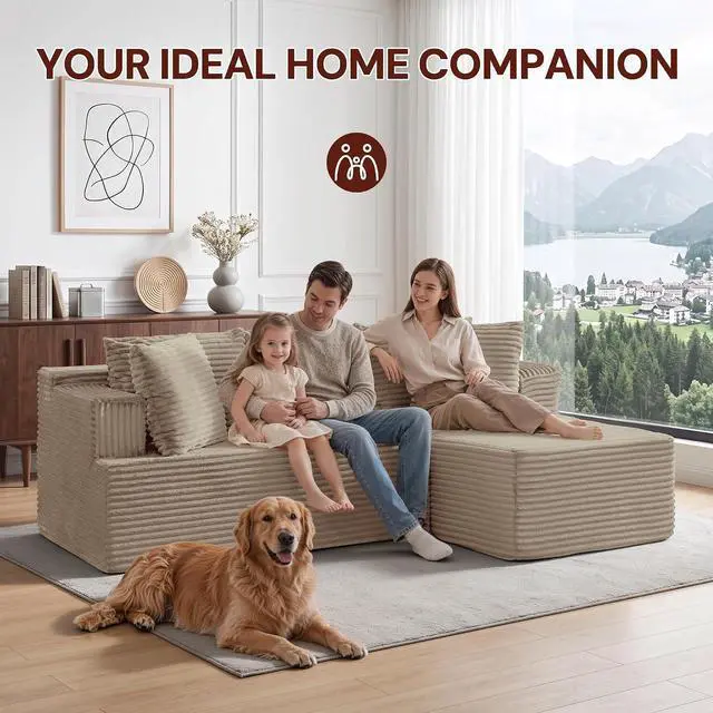 Alt view image 3 of 7 - Korser Boneless Couches for Living Room, Cloud Couch Sectional with Ottoman, L-Shaped Sofa with Fluffy Comfy Corduroy Deep Seat, Bedroom, Apartment, No Assembly Required