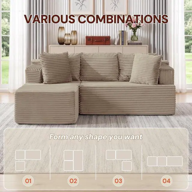 Alt view image 5 of 7 - Korser Boneless Couches for Living Room, Cloud Couch Sectional with Ottoman, L-Shaped Sofa with Fluffy Comfy Corduroy Deep Seat, Bedroom, Apartment, No Assembly Required