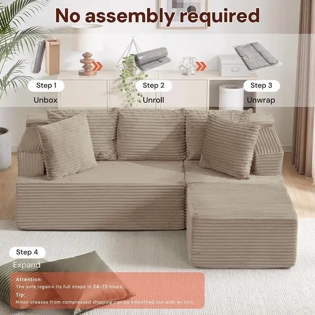 Alt view image 6 of 7 - Korser Boneless Couches for Living Room, Cloud Couch Sectional with Ottoman, L-Shaped Sofa with Fluffy Comfy Corduroy Deep Seat, Bedroom, Apartment, No Assembly Required