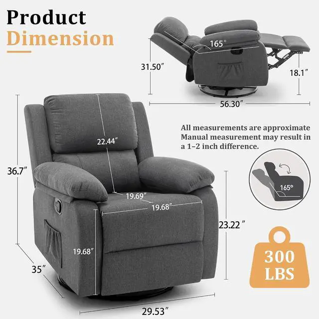 Alt view image 2 of 7 - Korser Recliner Chair, 360 Swivel Rocker Chair for Adults, Small Rocking Recliner for Small Spaces, Upholstered Fabric Glider Recliner Nursery