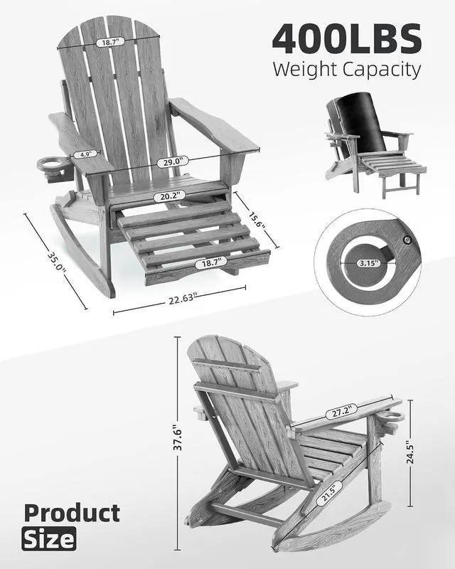 Alt view image 2 of 7 - Folding Adirondack Rocking Chair Set of 4,4-in-1 Multifunctional Patio Chairs with Retractable Ottoman, Outdoor Chairs Wood Texture, Lawn Chair for Porch, Backyard, Pool(Grey)