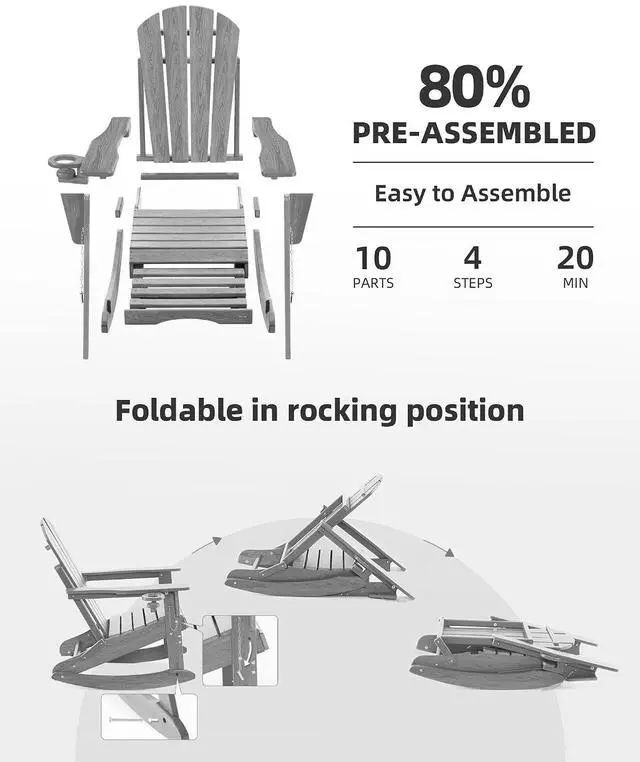 Alt view image 6 of 7 - Folding Adirondack Rocking Chair Set of 4,4-in-1 Multifunctional Patio Chairs with Retractable Ottoman, Outdoor Chairs Wood Texture, Lawn Chair for Porch, Backyard, Pool(Grey)
