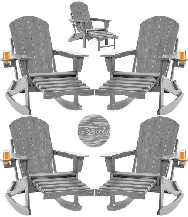 Main image of Folding Adirondack Rocking Chair Set of 4,4-in-1 Multifunctional Patio Chairs with Retractable Ottoman, Outdoor Chairs Wood Texture, Lawn Chair for Porch, Backyard, Pool(Grey)