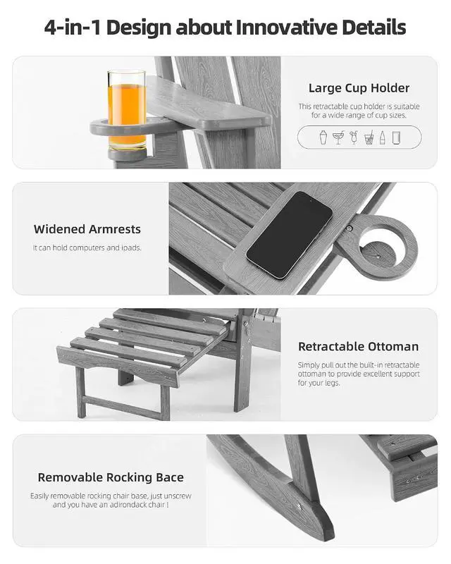 Alt view image 5 of 7 - Folding Adirondack Rocking Chair Set of 4,4-in-1 Multifunctional Patio Chairs with Retractable Ottoman, Outdoor Chairs Wood Texture, Lawn Chair for Porch, Backyard, Pool(Grey)