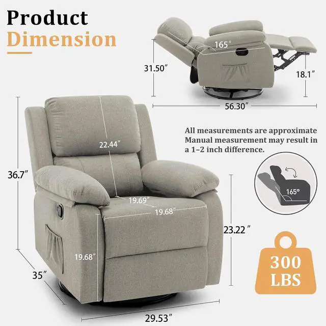 Alt view image 2 of 7 - Korser Recliner Chair, 360 Swivel Rocker Chair for Adults, Small Rocking Recliner for Small Spaces, Upholstered Fabric Glider Recliner Nursery
