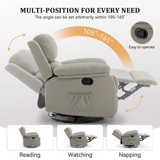 Alt view image 4 of 7 - Korser Recliner Chair, 360 Swivel Rocker Chair for Adults, Small Rocking Recliner for Small Spaces, Upholstered Fabric Glider Recliner Nursery