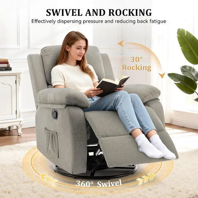 Alt view image 3 of 7 - Korser Recliner Chair, 360 Swivel Rocker Chair for Adults, Small Rocking Recliner for Small Spaces, Upholstered Fabric Glider Recliner Nursery