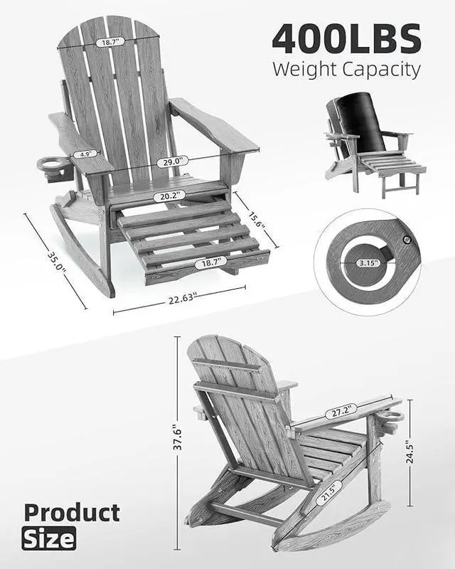 Alt view image 2 of 7 - Folding Adirondack Rocking Chair Set of 2,4-in-1 Multifunctional Patio Chairs with Retractable Ottoman, Outdoor Chairs Wood Texture, Lawn Chair for Porch, Backyard, Pool(Grey)