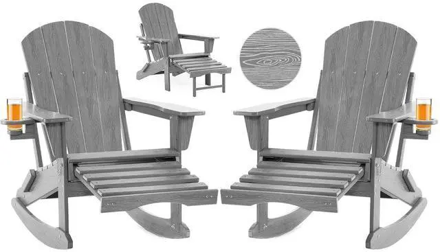 Main image of Folding Adirondack Rocking Chair Set of 2,4-in-1 Multifunctional Patio Chairs with Retractable Ottoman, Outdoor Chairs Wood Texture, Lawn Chair for Porch, Backyard, Pool(Grey)
