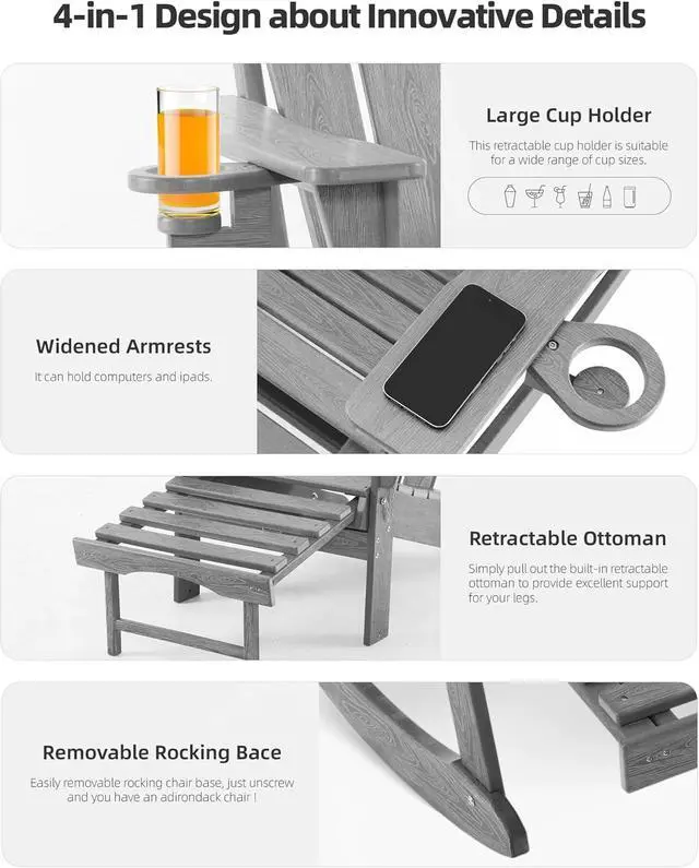 Alt view image 5 of 7 - Folding Adirondack Rocking Chair Set of 2,4-in-1 Multifunctional Patio Chairs with Retractable Ottoman, Outdoor Chairs Wood Texture, Lawn Chair for Porch, Backyard, Pool(Grey)