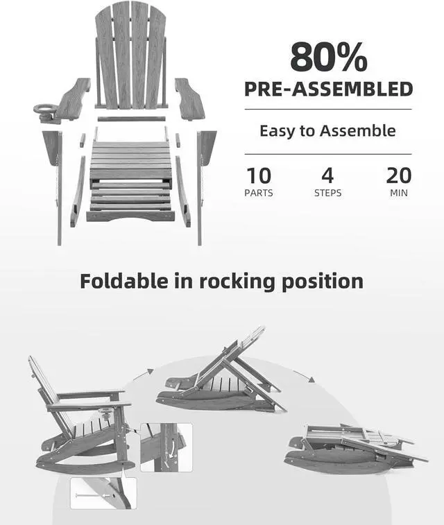 Alt view image 6 of 7 - Folding Adirondack Rocking Chair Set of 2,4-in-1 Multifunctional Patio Chairs with Retractable Ottoman, Outdoor Chairs Wood Texture, Lawn Chair for Porch, Backyard, Pool(Grey)