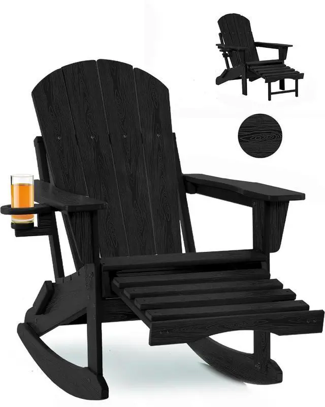 Main image of Folding Adirondack Rocking Chair,4-in-1 Multifunctional Patio Chair with Retractable Ottoman, Outdoor Chair Wood Texture, Lawn Chair for Porch, Backyard, Pool(Black)