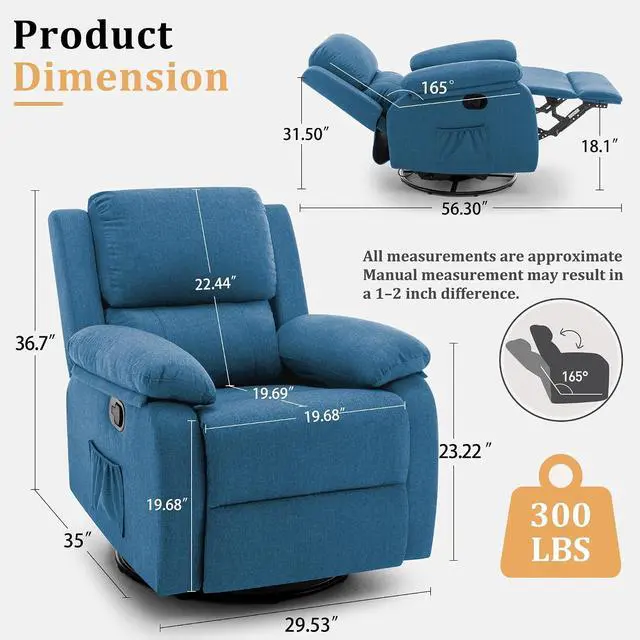 Alt view image 2 of 7 - Korser Recliner Chair, 360 Swivel Rocker Chair for Adults, Small Rocking Recliner for Small Spaces, Upholstered Fabric Glider Recliner Nursery