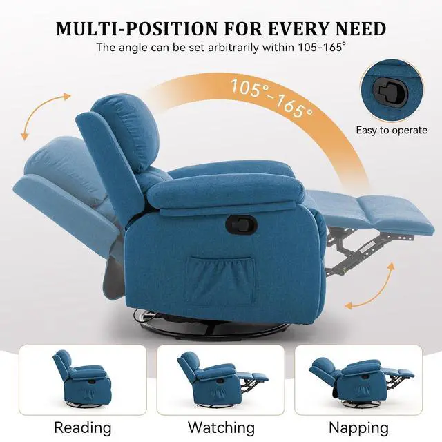 Alt view image 4 of 7 - Korser Recliner Chair, 360 Swivel Rocker Chair for Adults, Small Rocking Recliner for Small Spaces, Upholstered Fabric Glider Recliner Nursery