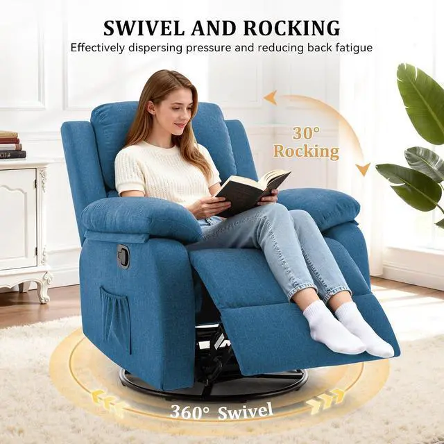 Alt view image 3 of 7 - Korser Recliner Chair, 360 Swivel Rocker Chair for Adults, Small Rocking Recliner for Small Spaces, Upholstered Fabric Glider Recliner Nursery
