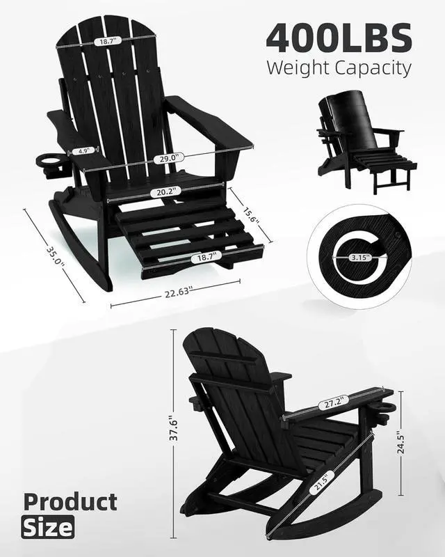 Alt view image 2 of 7 - Folding Adirondack Rocking Chair Set of 2,4-in-1 Multifunctional Patio Chairs with Retractable Ottoman, Outdoor Chairs Wood Texture, Lawn Chair for Porch, Backyard, Black