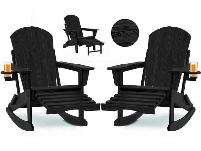 Main image of Folding Adirondack Rocking Chair Set of 2,4-in-1 Multifunctional Patio Chairs with Retractable Ottoman, Outdoor Chairs Wood Texture, Lawn Chair for Porch, Backyard, Black
