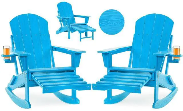 Main image of Adirondack Rocking Chair Set of 2 with Retractable Ottoman and Cup Holders, HDPE Adirondack 4-in-1 Multifunctional Rocker Patio Rocking Chair for Porch, Patio, Balcony