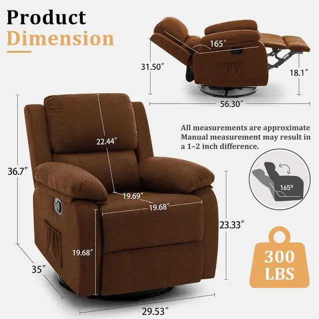Alt view image 2 of 7 - Korser Recliner Chair, 360 Swivel Rocker Chair for Adults, Small Rocking Recliner for Small Spaces, Upholstered Fabric Glider Recliner Nursery