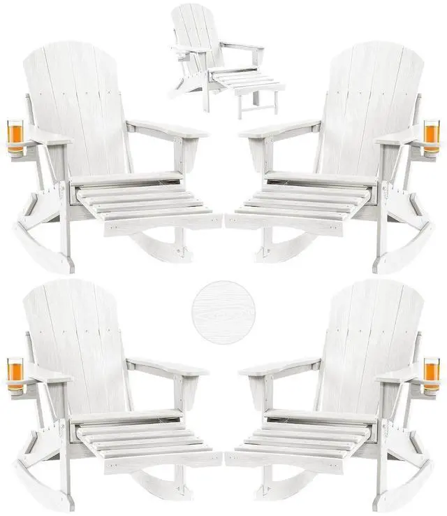 Main image of Folding Adirondack Rocking Chair Set of 4,4-in-1 Multifunctional Patio Chairs with Retractable Ottoman, Outdoor Chairs Wood Texture, Lawn Chair for Porch, Backyard, Pool(White)