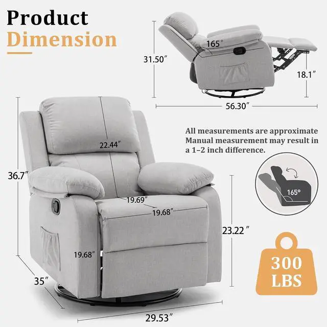 Alt view image 2 of 7 - Korser Recliner Chair, 360 Swivel Rocker Chair for Adults, Small Rocking Recliner for Small Spaces, Upholstered Fabric Glider Recliner Nursery