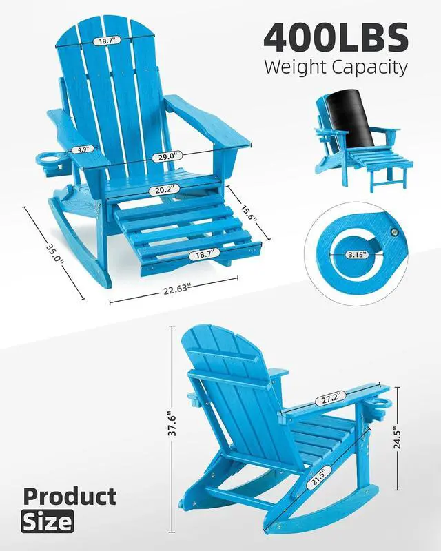 Alt view image 2 of 7 - Folding Adirondack Rocking Chair Set of 4,4-in-1 Multifunctional Patio Chairs with Retractable Ottoman, Outdoor Chairs Wood Texture, Lawn Chair for Porch, Backyard, Pool(Pacific Blue)
