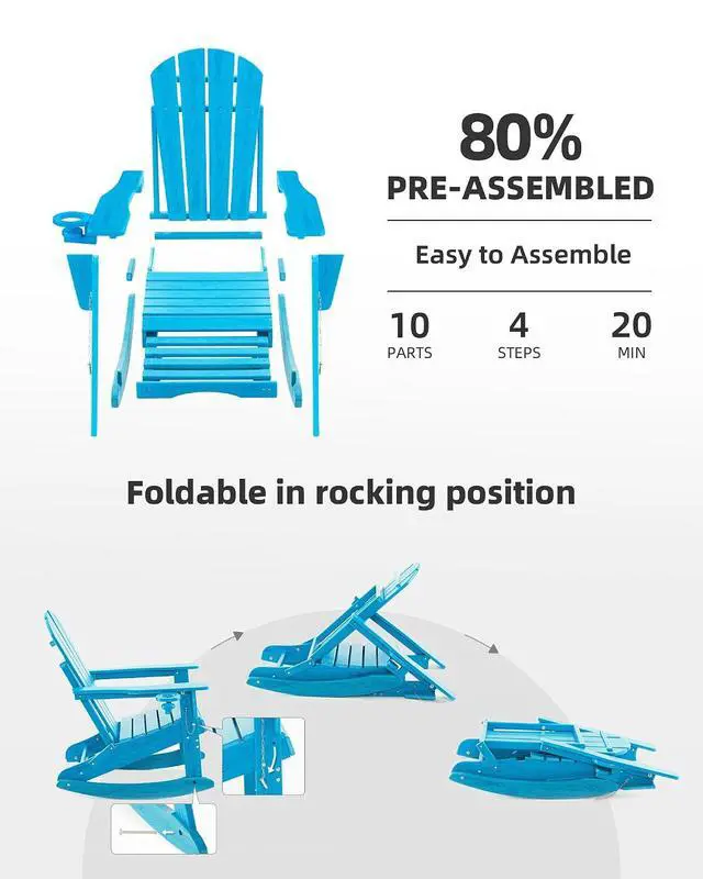 Alt view image 6 of 7 - Folding Adirondack Rocking Chair Set of 4,4-in-1 Multifunctional Patio Chairs with Retractable Ottoman, Outdoor Chairs Wood Texture, Lawn Chair for Porch, Backyard, Pool(Pacific Blue)