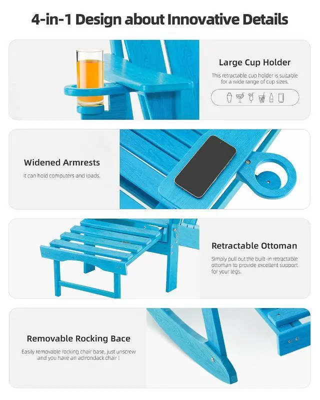 Alt view image 5 of 7 - Folding Adirondack Rocking Chair Set of 4,4-in-1 Multifunctional Patio Chairs with Retractable Ottoman, Outdoor Chairs Wood Texture, Lawn Chair for Porch, Backyard, Pool(Pacific Blue)