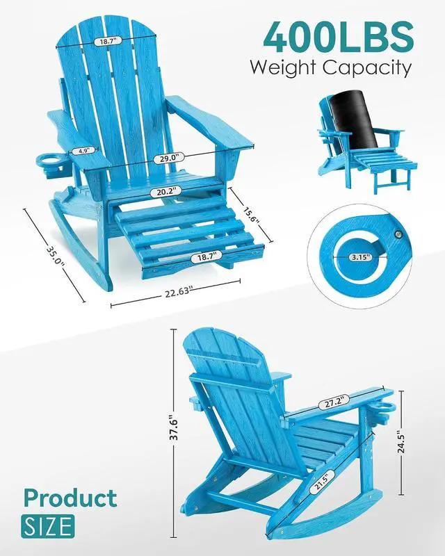 Alt view image 2 of 7 - Adjustable Adirondack Rocking Chair with Retractable Ottoman,4-in-1 Multifunctional Folding Patio Chair with Cup Holder, Outdoor Chair Wood Texture for Lawn,Porch, Backyard,Pool(Pacific Blue)